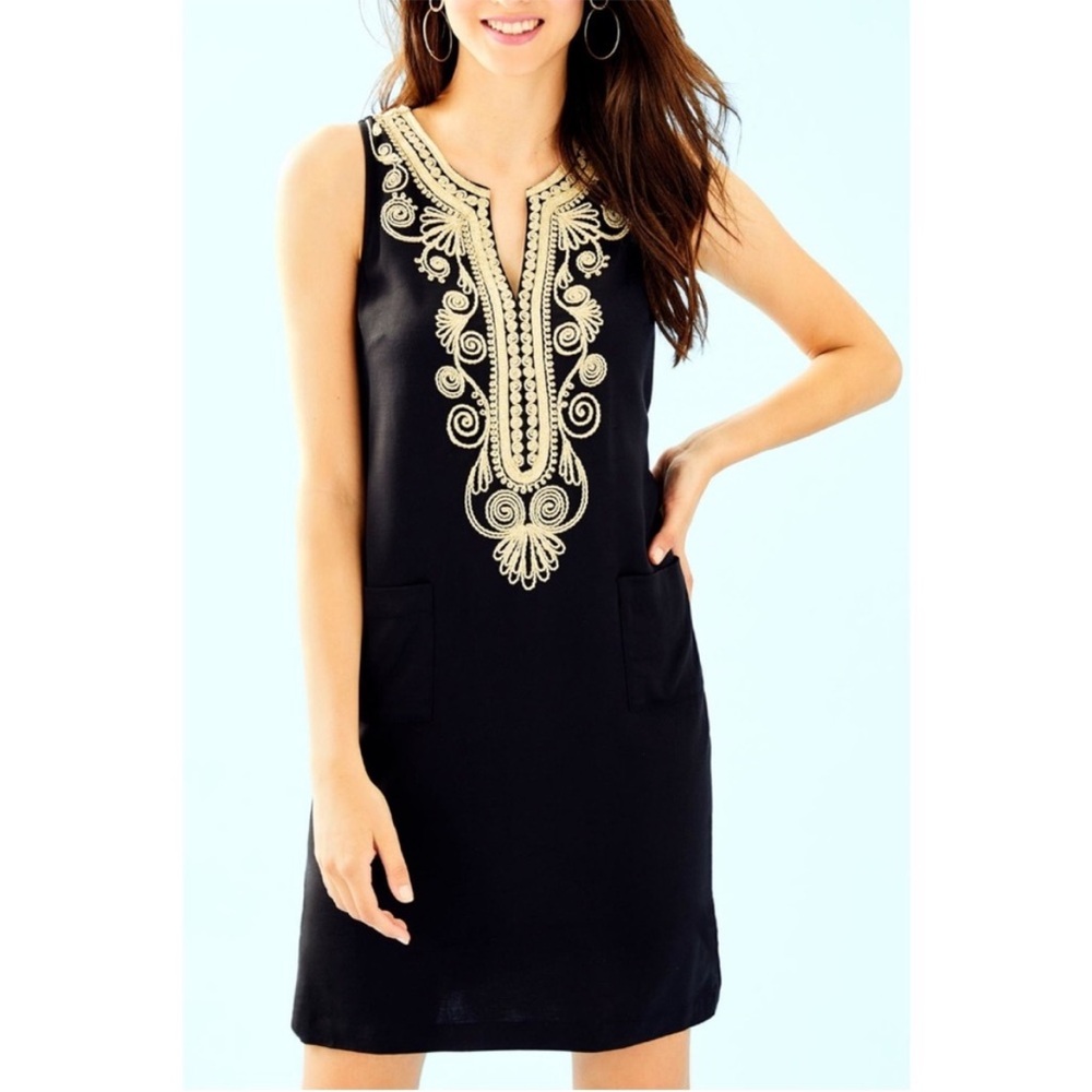 Like new Lilly Pulitzer Carlotta black shift dress with gold stitching details